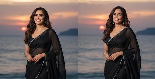 ब्लैक साड़ी में निकिता रावल का बीच लुक छाया